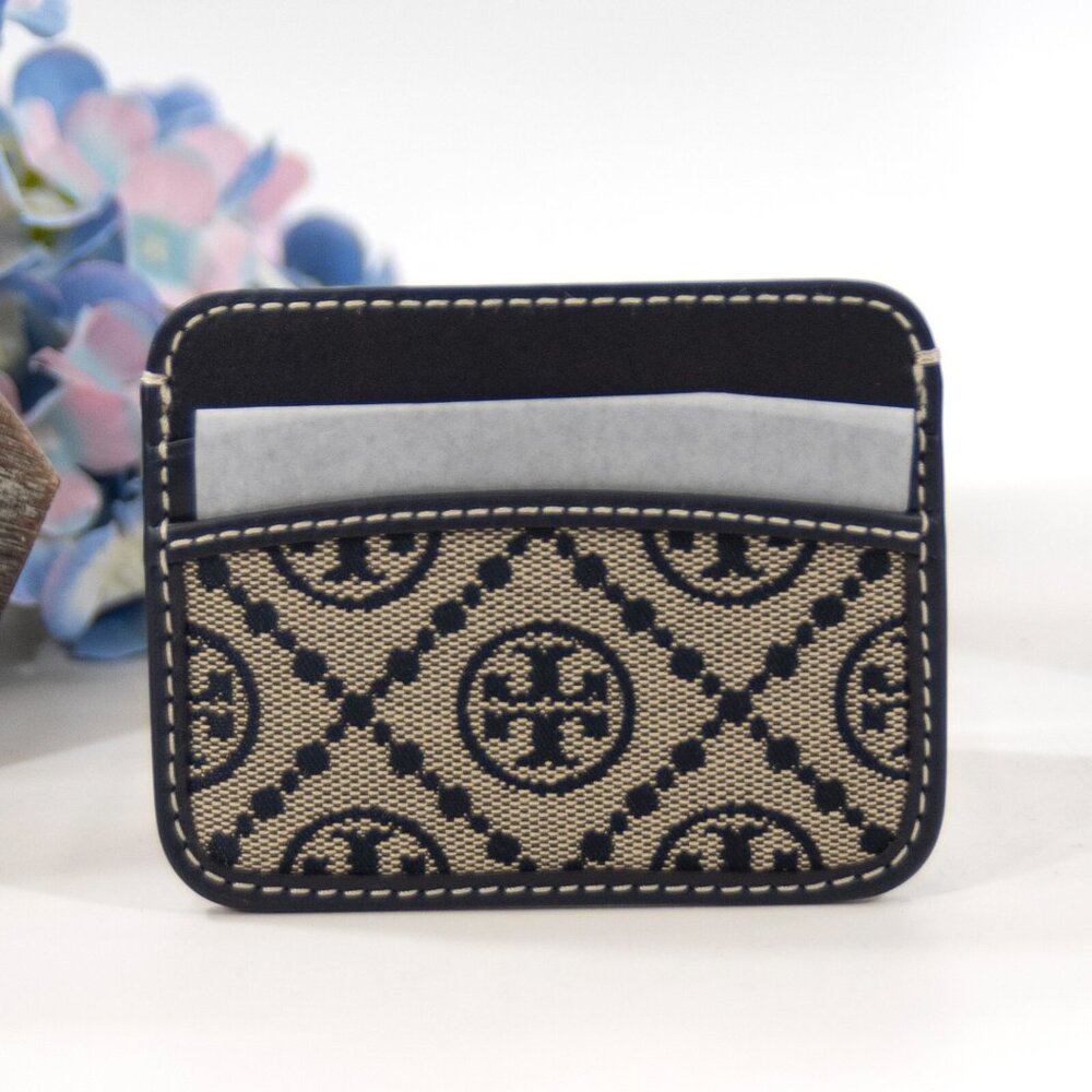 Tory Burch Navy T Monogram Jacquard Logo Card Case Mini Wallet NWT